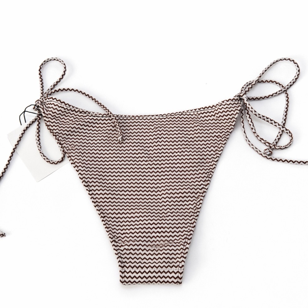 Faithfull The Brand Nomi Bikini Bottoms Milleha Print Side Tie Brown White L NWT - Picture 2 of 6
